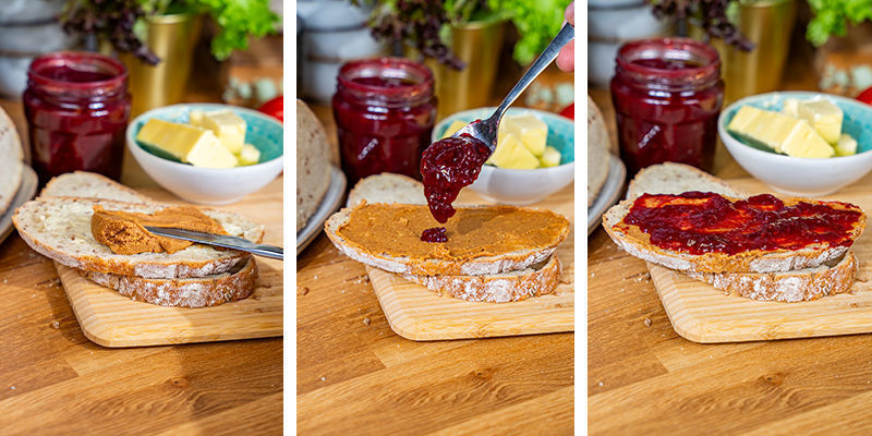 Streiche Die Erdnussbutter Und Die Marmelade Auf Eine Brotscheibe (Mit Der Butterseite Nach Oben)