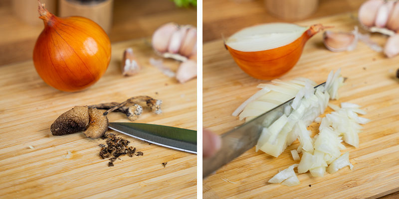 Schneide Die Zwiebeln, Die Pilze Und Den Knoblauch Klein