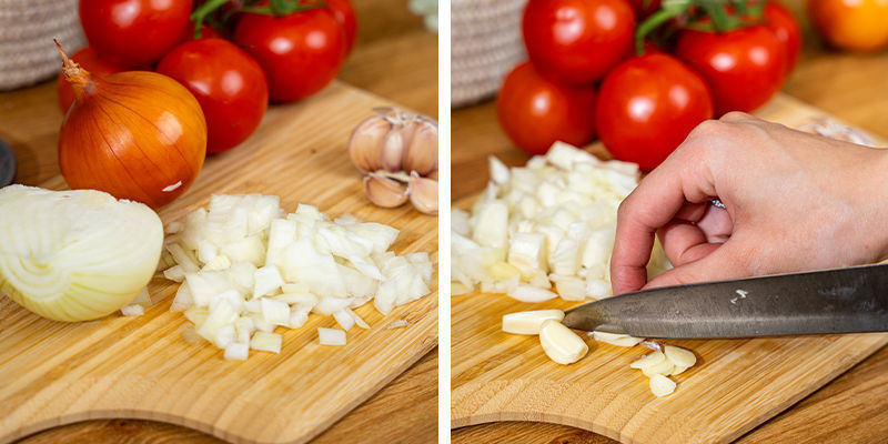 Hacke Die Zwiebeln, Den Knoblauch Und Die Tomaten (Wenn Du Frische Verwendest). Lege Sie Beiseite