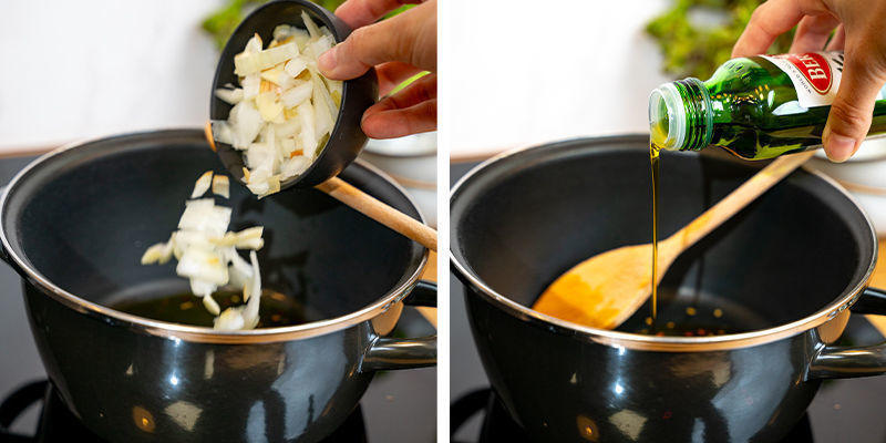 Brate Die Zwiebeln In Einem Topf In Kokosnuss- Oder Olivenöl An. Sobald Die Zwiebeln Glasig Sind, Füge Den Knoblauch Hinzu Und Brate Ihn, Bis Er Duftet