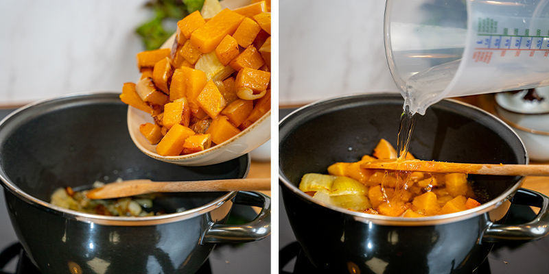 Add The Roasted Squash And Vegetable Stock With The Water, And Bring To A Simmer