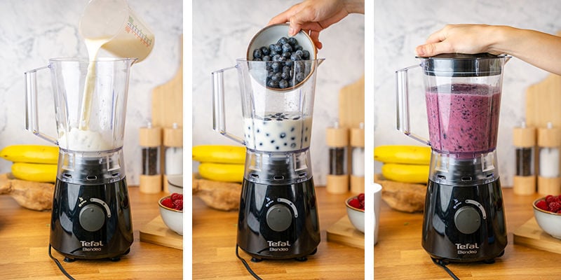 Add milk to the blender and gradually pour in blueberries. Pulse until combined.