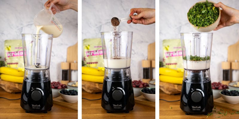 Add the cocoa powder, cinnamon, milk, and raw kale to the blender.