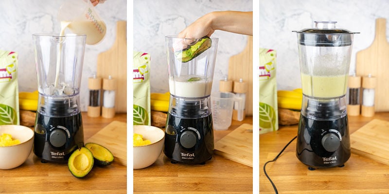 Add milk to the blender and gradually add chopped avocado and pulse.